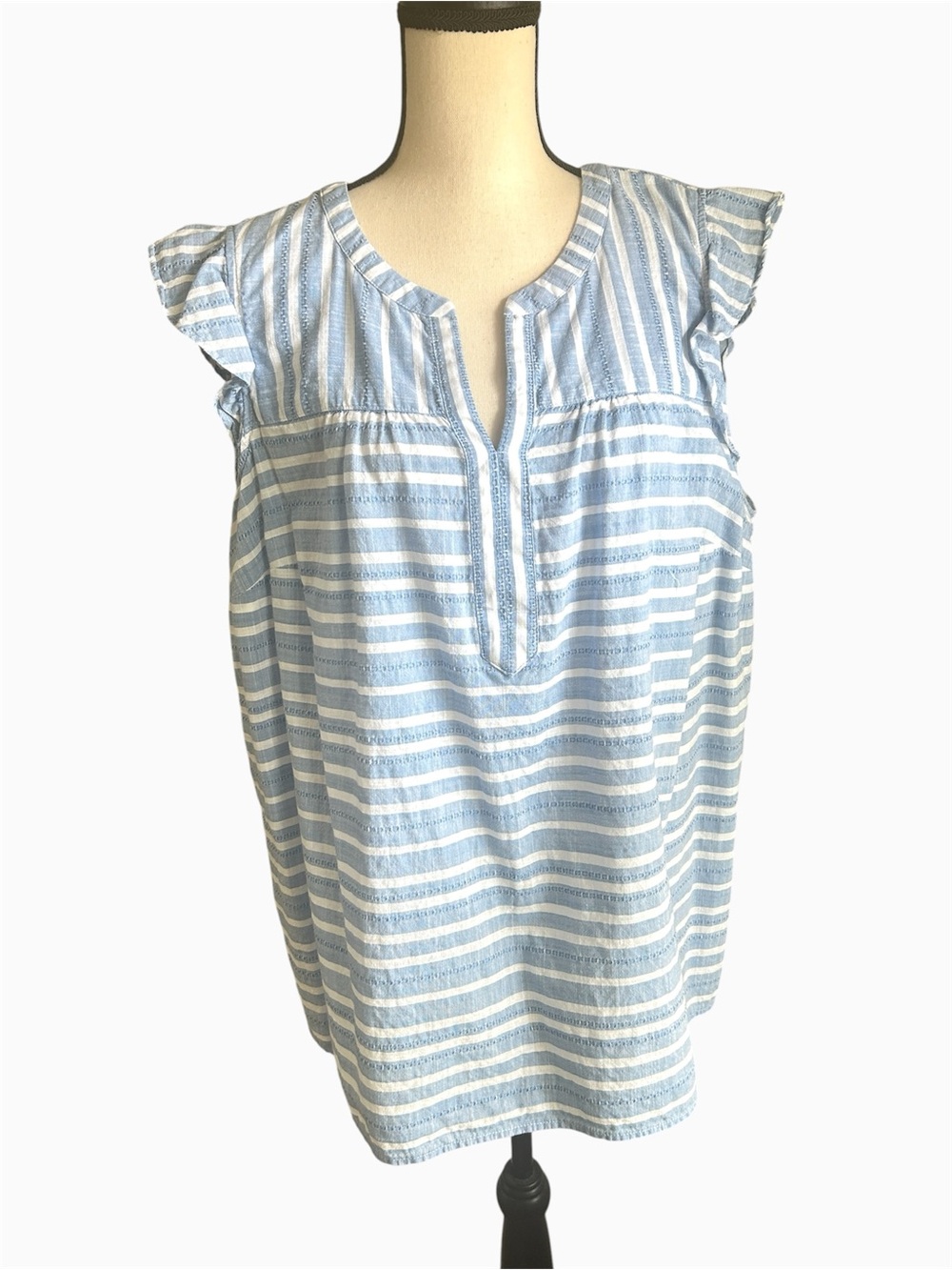 Talbots Bouyant Stripe Top Blue & White Flutter Sleeve Popover Plus size 2X
